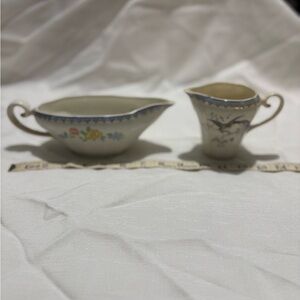 Vintage Floral Cream and Blue Ceramic Gravy Boat and Pitcher Set
